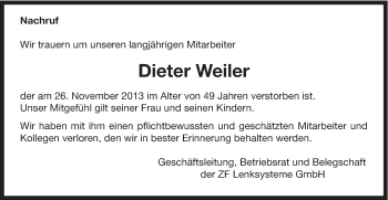 Traueranzeige von Dieter Weiler von Gmünder Tagespost