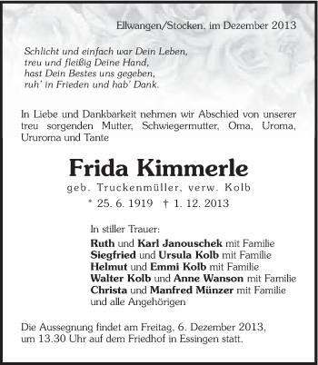 Traueranzeige von Frida Kimmerle von Schwäbische Post