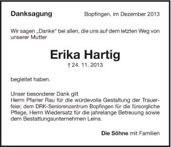 Traueranzeige von Erika Hartig von 082