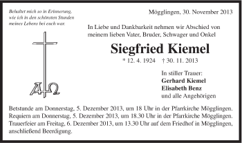 Traueranzeige von Siegfried Kiemel von Gmünder Tagespost