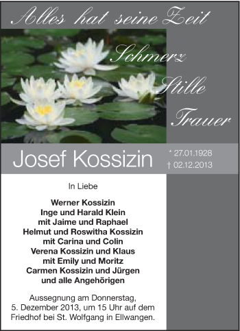 Traueranzeige von Josef Kossizin von Schwäbische Post