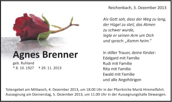Traueranzeige von Agnes Brenner von Schwäbische Post