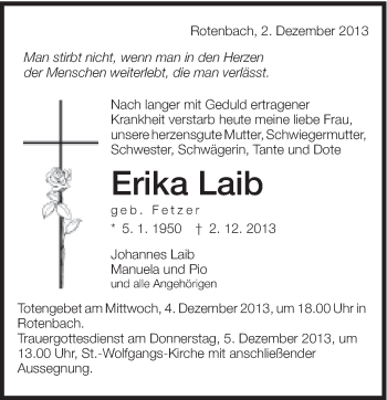 Traueranzeige von Erika Laib von Schwäbische Post
