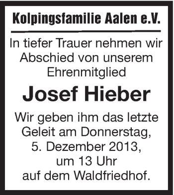 Traueranzeige von Josef Hieber von Schwäbische Post