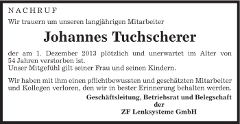 Traueranzeige von Johannes Tuchscherer von Gmünder Tagespost