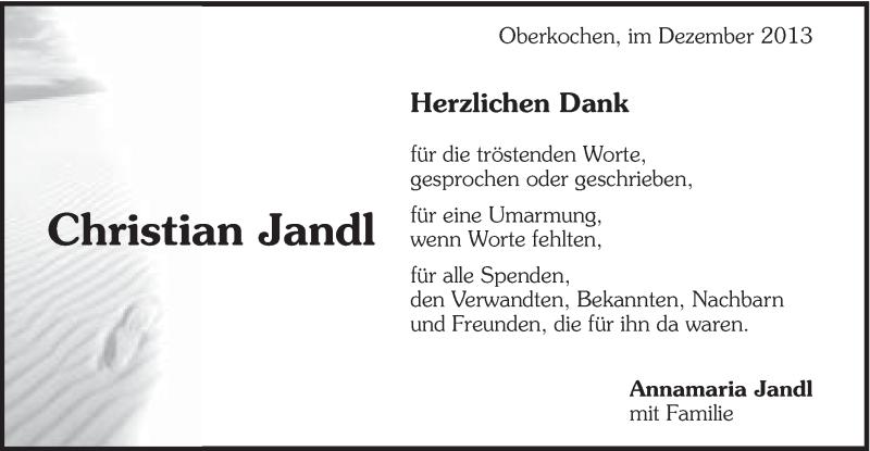  Traueranzeige für Christian Jandl vom 05.12.2013 aus Schwäbische Post