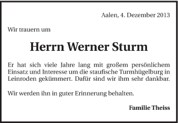 Traueranzeige von Werner Sturm von Schwäbische Post