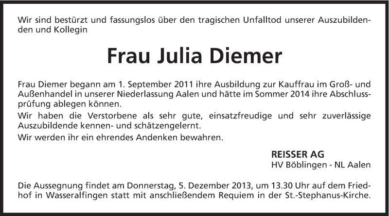  Traueranzeige für Julia Diemer vom 04.12.2013 aus Schwäbische Post