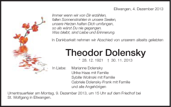 Traueranzeige von Theodor Dolensky von Schwäbische Post