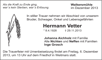Traueranzeige von Hermann Vetter von Gmünder Tagespost