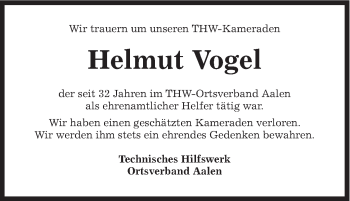 Traueranzeige von Helmut Vogel von Schwäbische Post