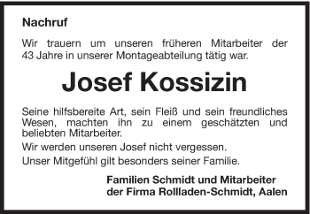 Traueranzeige von Josef Kossizin von Schwäbische Post