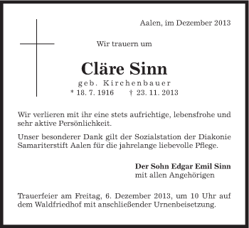 Traueranzeige von Cläre Sinne von Schwäbische Post