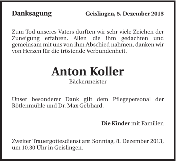 Traueranzeige von Anton Koller von Schwäbische Post