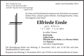 Traueranzeige von Elfriede Ensle von Schwäbische Post
