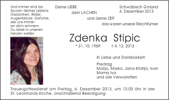 Traueranzeige von Zdenka Stipic von Gmünder Tagespost