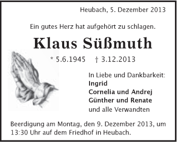 Traueranzeige von Klaus Süßmuth von Gmünder Tagespost