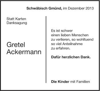 Traueranzeige von Gretel Ackermann von Gmünder Tagespost