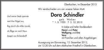 Traueranzeige von Dora Schindler von Schwäbische Post