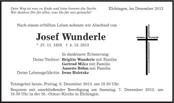 Traueranzeige von Josef Wunderle von Schwäbische Post