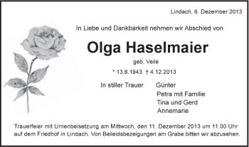 Traueranzeige von Olga Haselmaier von Gmünder Tagespost