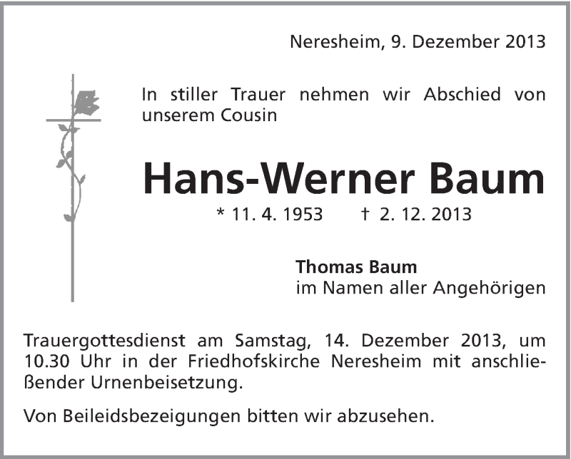  Traueranzeige für Hans-Werner Baum vom 09.12.2013 aus Schwäbische Post