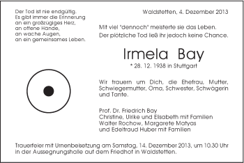 Traueranzeige von Irmela Bay von Gmünder Tagespost