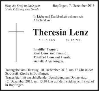Traueranzeige von Theresia Lenz von Schwäbische Post