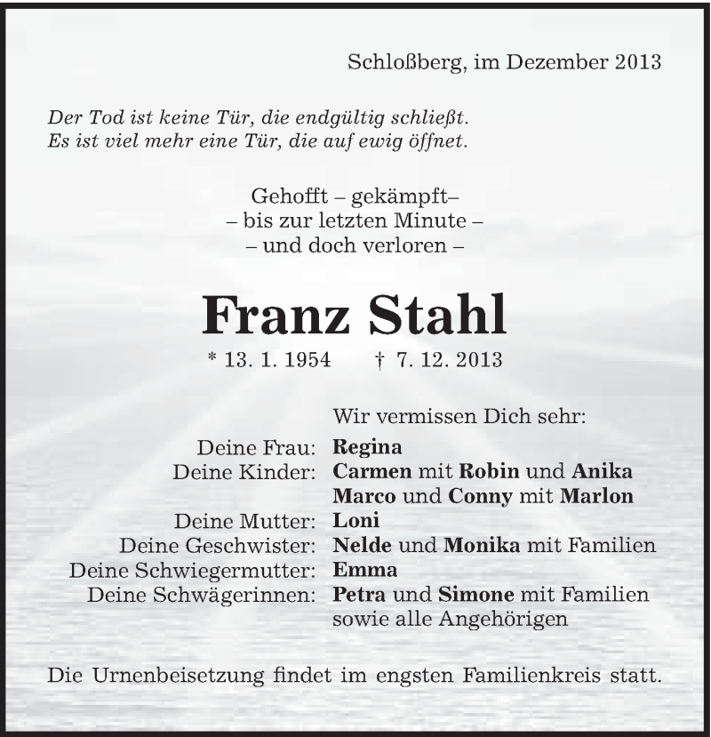  Traueranzeige für Franz Stahl vom 10.12.2013 aus Schwäbische Post