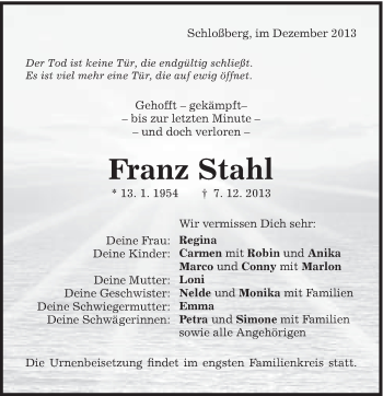 Traueranzeige von Franz Stahl von Schwäbische Post