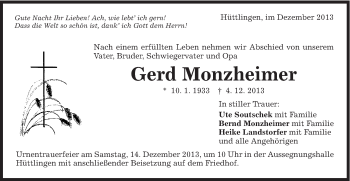 Traueranzeige von Gerd Monzheimer von Schwäbische Post