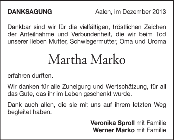 Traueranzeige von Martha Marko von Schwäbische Post