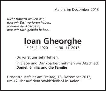 Traueranzeige von Ioan Gheorghe von Schwäbische Post