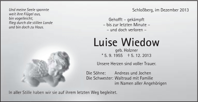  Traueranzeige für Luise Wiedow vom 12.12.2013 aus Schwäbische Post