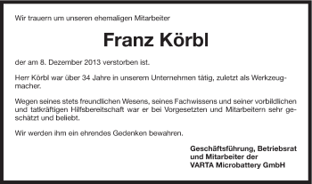 Traueranzeige von Franz Körbl von Schwäbische Post
