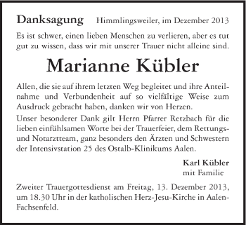 Traueranzeige von Marianne Kübler von Schwäbische Post