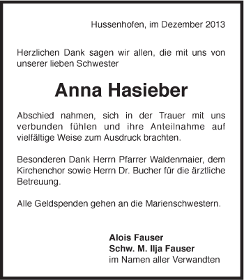 Traueranzeige von Anna Hasieber von Gmünder Tagespost