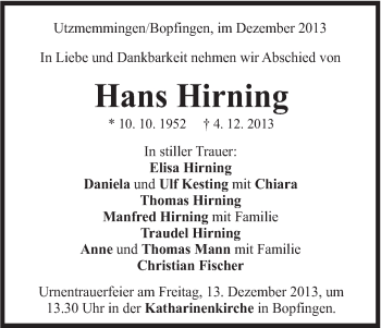 Traueranzeige von Hans Hirning von Schwäbische Post