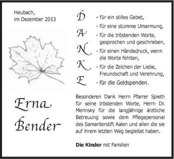 Traueranzeige von Erna Bender von 020