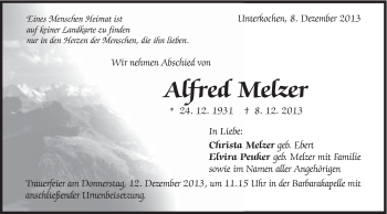 Traueranzeige von Alfred Melzer von Schwäbische Post