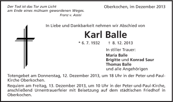 Traueranzeige von Karl Balle von Schwäbische Post