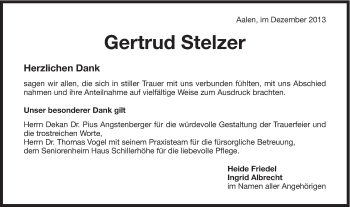 Traueranzeige von Gertrud Stelzer von Schwäbische Post