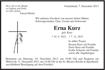 Traueranzeige von Erna Kurz von Gmünder Tagespost