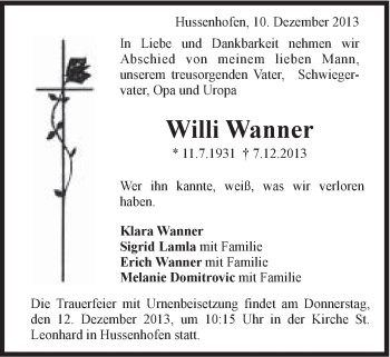 Traueranzeige von Willi Wanner von Gmünder Tagespost