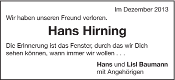 Traueranzeige von Hans Hirning von Schwäbische Post
