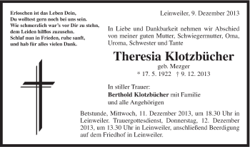 Traueranzeige von Theresia Klotzbücher von Schwäbische Post