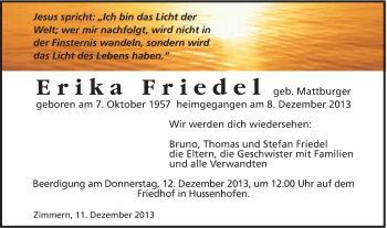 Traueranzeige von Erika Friedel von Gmünder Tagespost