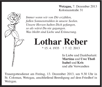 Traueranzeige von Lothar Reber von Gmünder Tagespost