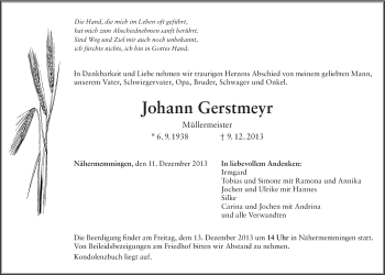 Traueranzeige von Johann Gerstmeyer von Schwäbische Post