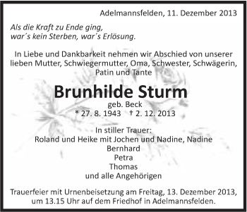 Traueranzeige von Brunhilde Sturm von Schwäbische Post